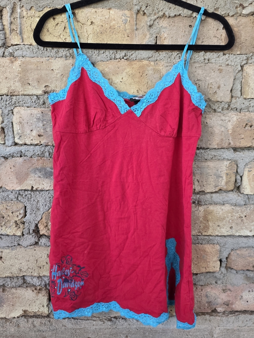 Y2K Vintage Harley Davidson Red & Turquoise Lace Trim Rhinestone Cami -Medium